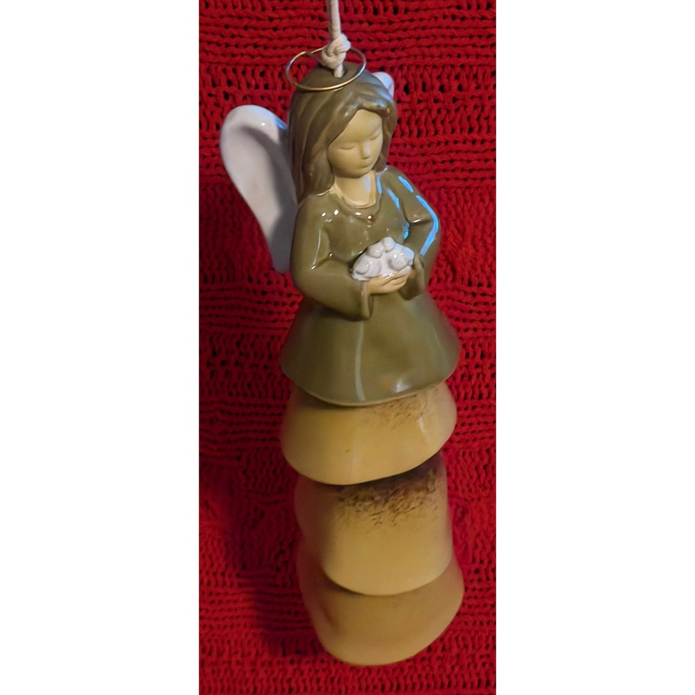 Ceramic Angel Wind Chime Hanging Garden Decor Olive Green Ochre Yellow Bells